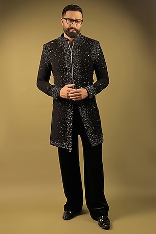 Black Velvet Cutdana Embellished Indo-Western Set by ZENITH COUTURE