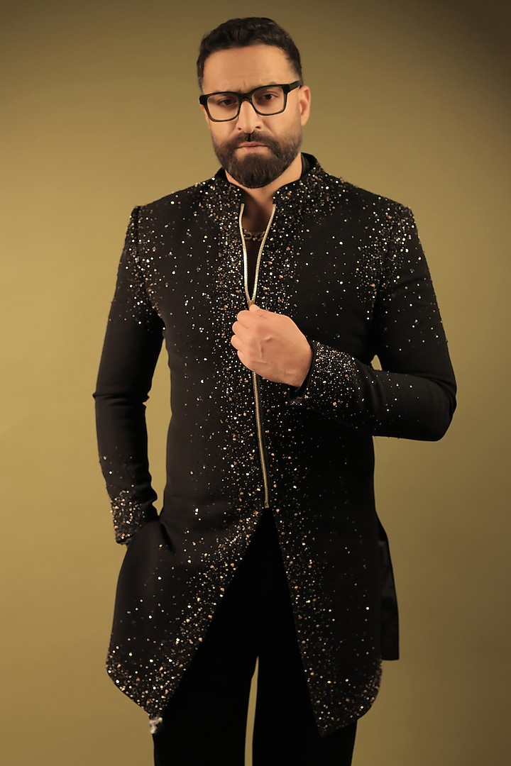 Black Velvet Cutdana Embellished Indo-Western Set by ZENITH COUTURE at Pernia's Pop Up Shop