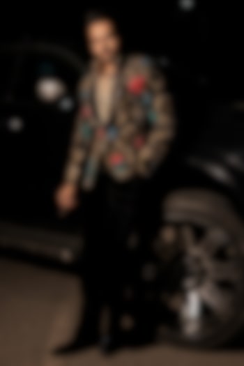 Black Korean Lycra Embellished & Hand Painted Tuxedo Set by ZENITH COUTURE at Pernia's Pop Up Shop