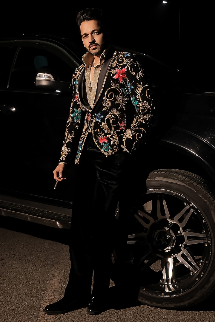 Black Korean Lycra Embellished & Hand Painted Tuxedo Set by ZENITH COUTURE at Pernia's Pop Up Shop