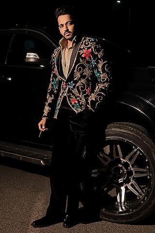 Black Korean Lycra Embellished & Hand Painted Tuxedo Set by ZENITH COUTURE