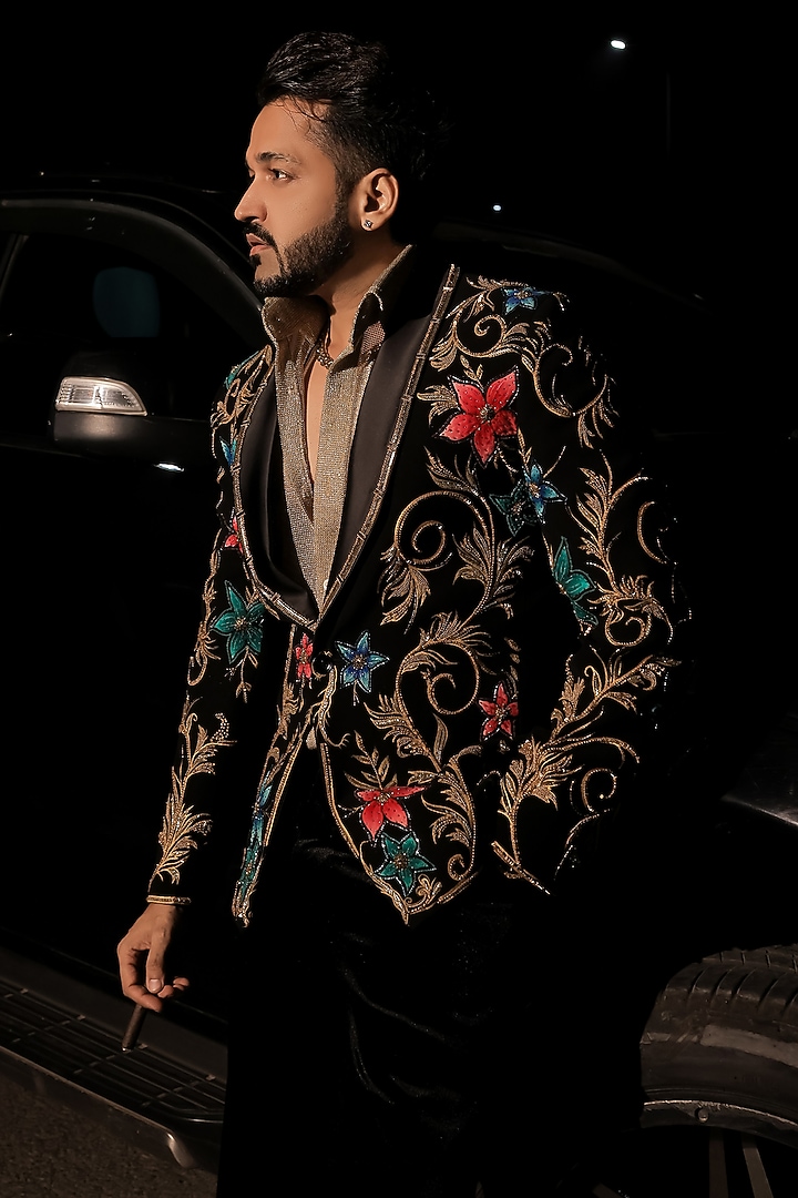 Black Korean Lycra Embellished & Hand Painted Tuxedo Set by ZENITH COUTURE at Pernia's Pop Up Shop