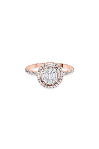 18kt Rose Gold Finish Round & Baguette-Cut Diamond Halo Ring by ZEN DIAMOND