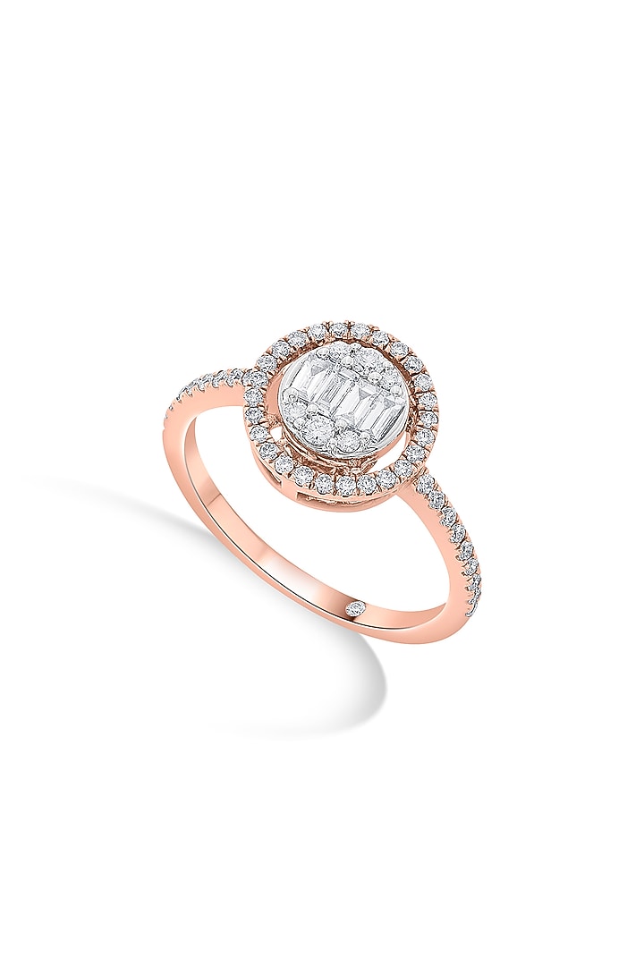 18kt Rose Gold Finish Round & Baguette-Cut Diamond Halo Ring by ZEN DIAMOND at Pernia's Pop Up Shop