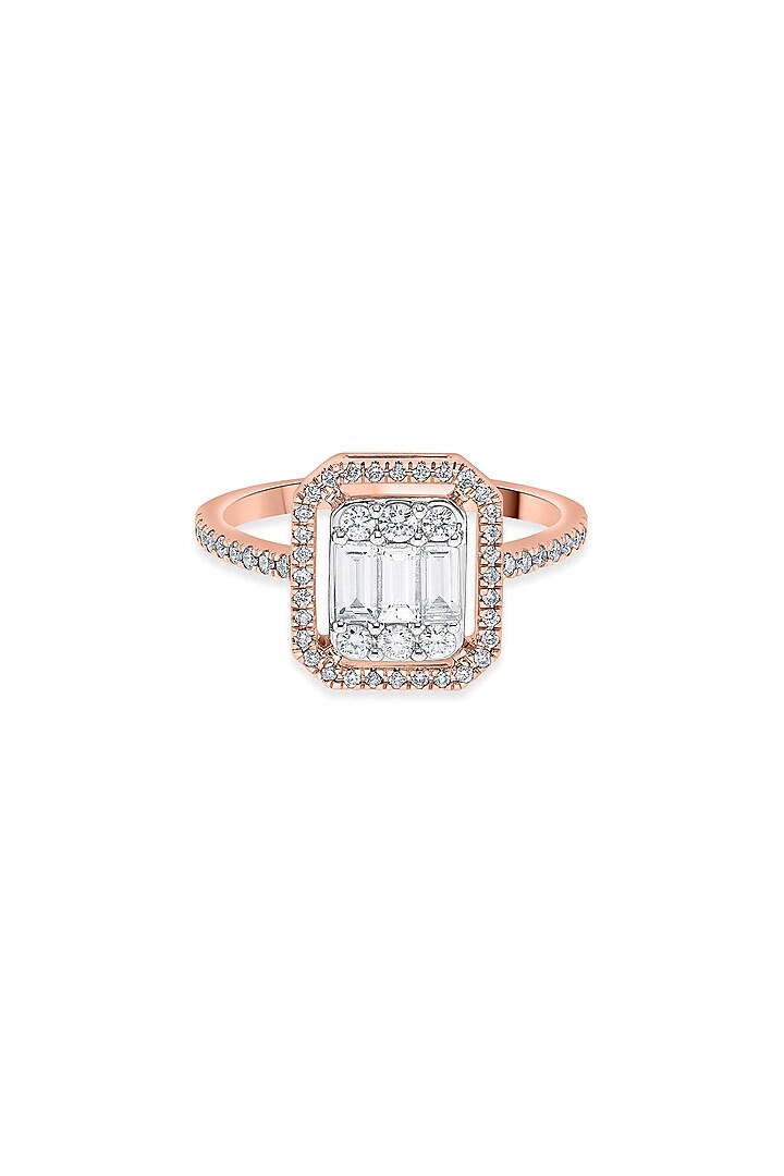 14kt Matte Rose Gold Finish Baguette & Emerald-Cut Diamond Halo Ring by ZEN DIAMOND at Pernia's Pop Up Shop