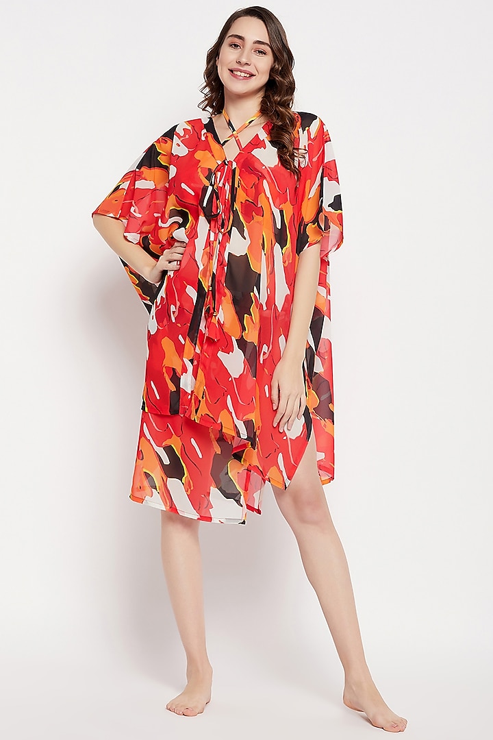 Red Georgette Printed Cover-Up Dress by Zerokaata at Pernia's Pop Up Shop