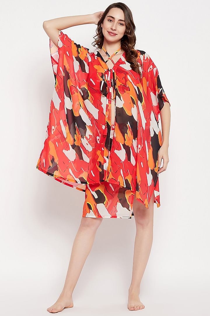 Red Georgette Printed Cover-Up Dress by Zerokaata at Pernia's Pop Up Shop