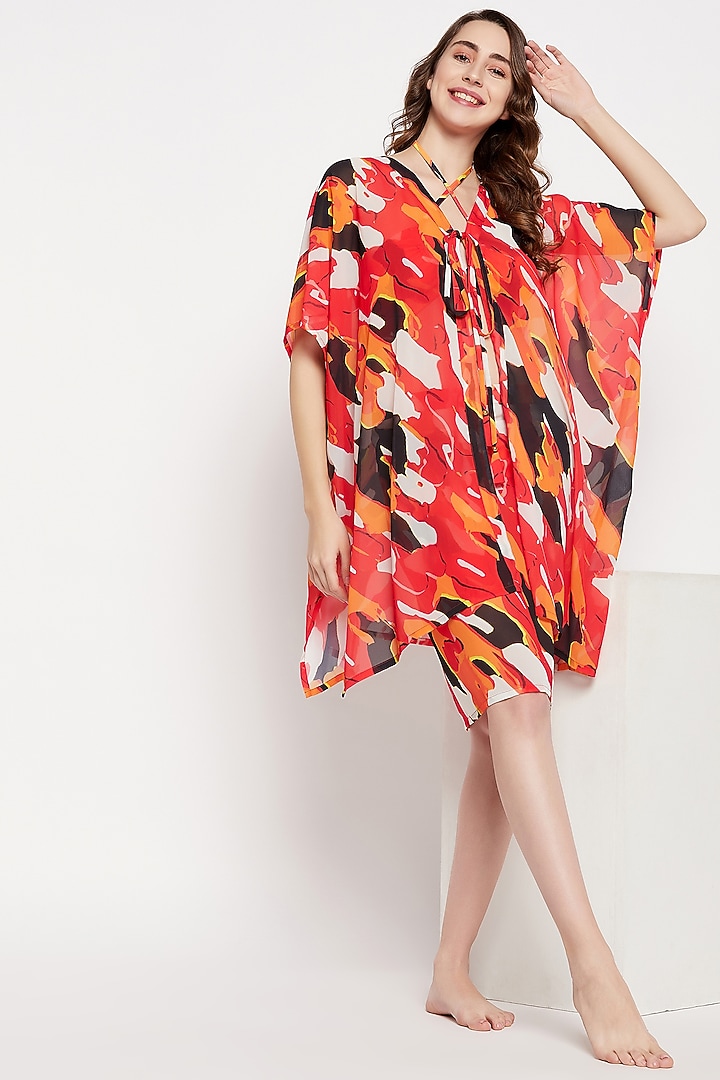 Red Georgette Printed Cover-Up Dress by Zerokaata at Pernia's Pop Up Shop