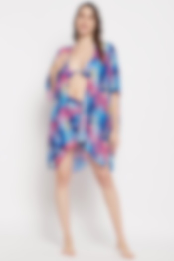 Turquoise Georgette Printed Cover-Up Dress by Zerokaata