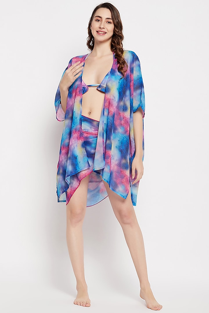 Turquoise Georgette Printed Cover-Up Dress by Zerokaata