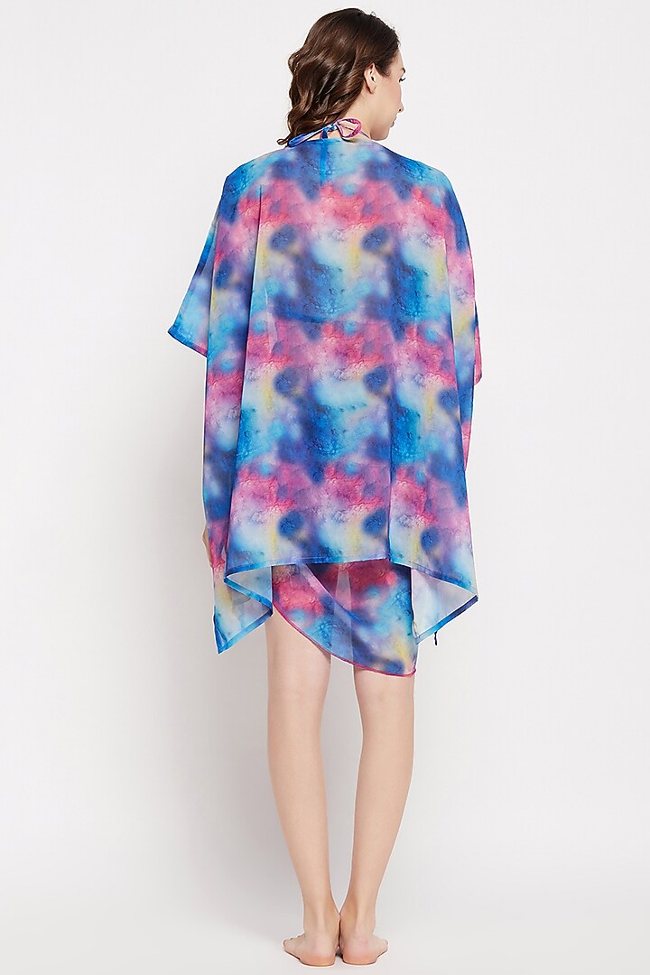 Turquoise Georgette Printed Cover-Up Dress by Zerokaata at Pernia's Pop Up Shop