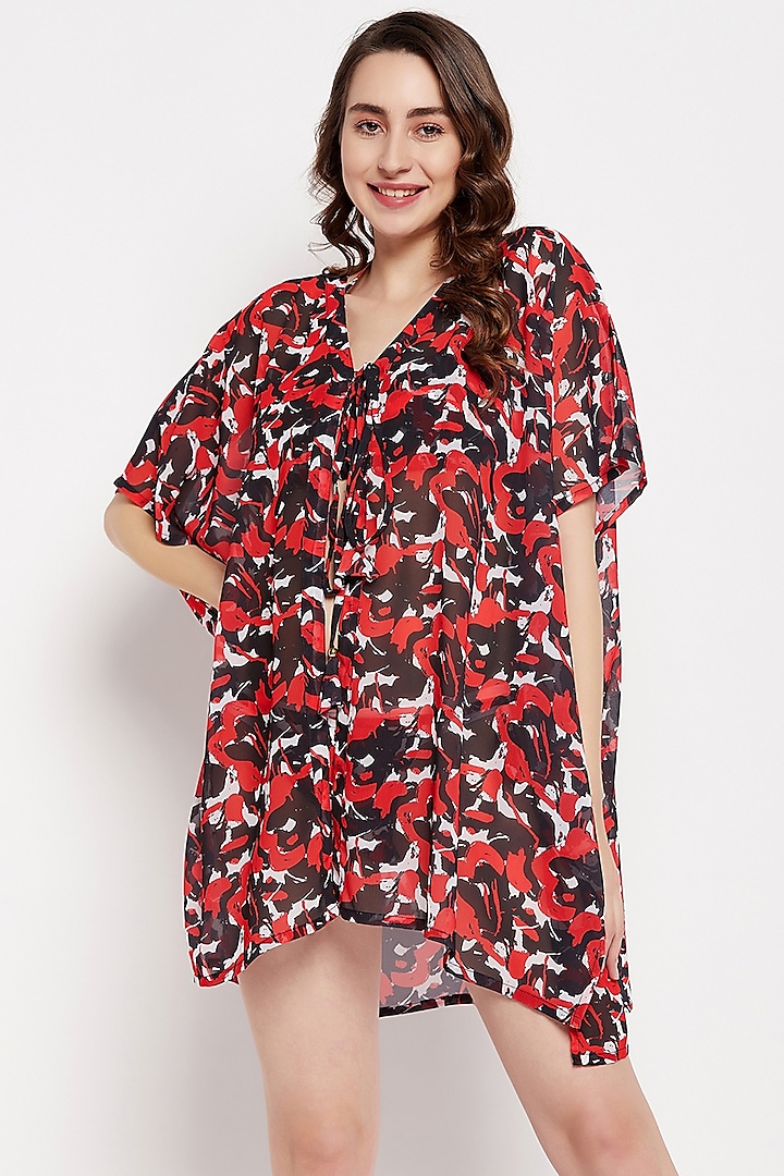 Red & Black Georgette Printed Cover-Up Dress by Zerokaata at Pernia's Pop Up Shop