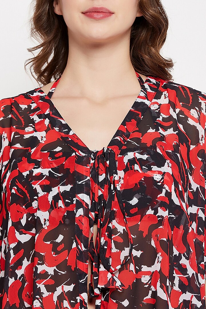 Red & Black Georgette Printed Cover-Up Dress by Zerokaata at Pernia's Pop Up Shop