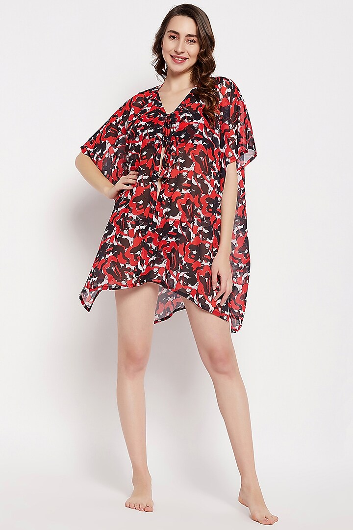 Red & Black Georgette Printed Cover-Up Dress by Zerokaata at Pernia's Pop Up Shop