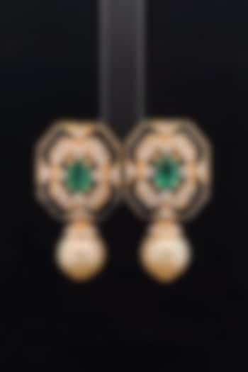 18kt Gold Finish Diamond & Emerald Stone Black Enameled Stud Earrings by Zewar By Valchandson jewellers at Pernia's Pop Up Shop