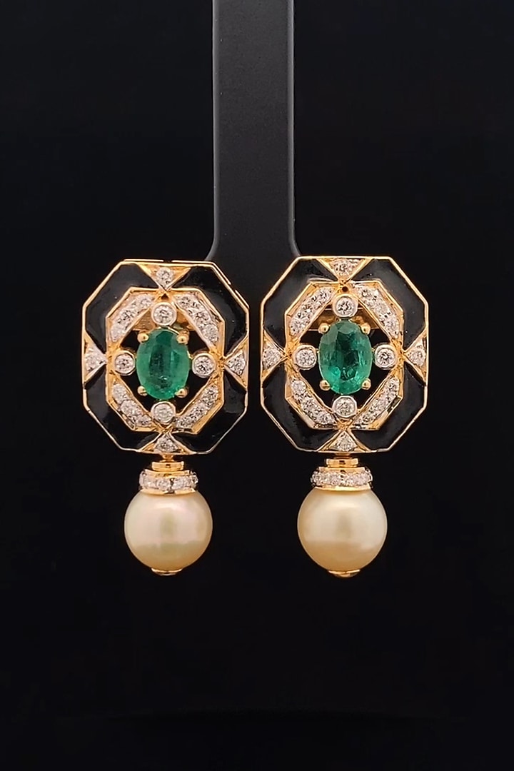 18kt Gold Finish Diamond & Emerald Stone Black Enameled Stud Earrings by Zewar By Valchandson jewellers at Pernia's Pop Up Shop