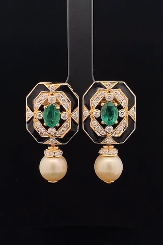 18kt Gold Finish Diamond & Emerald Stone Black Enameled Stud Earrings by Zewar By Valchandson jewellers