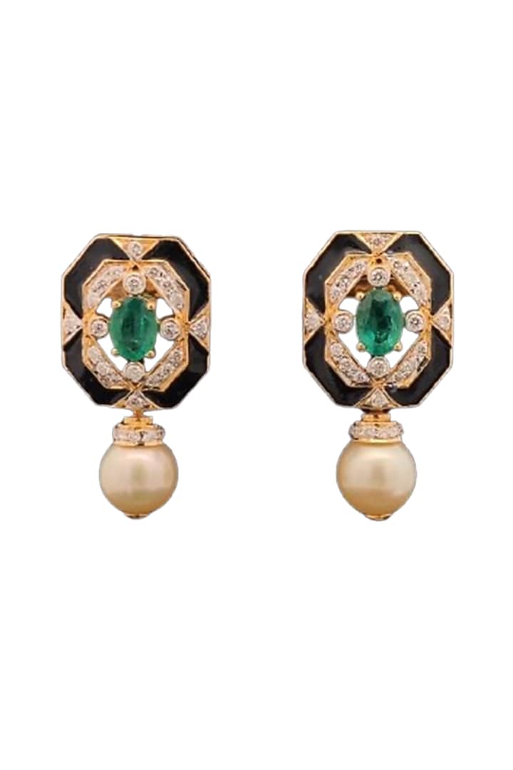 18kt Gold Finish Diamond & Emerald Stone Black Enameled Stud Earrings by Zewar By Valchandson jewellers at Pernia's Pop Up Shop