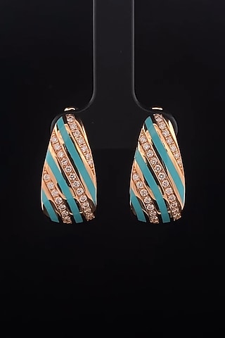 18kt Rose Gold Finish Diamond Turquoise Enameled Hoop Earrings by Zewar By Valchandson jewellers