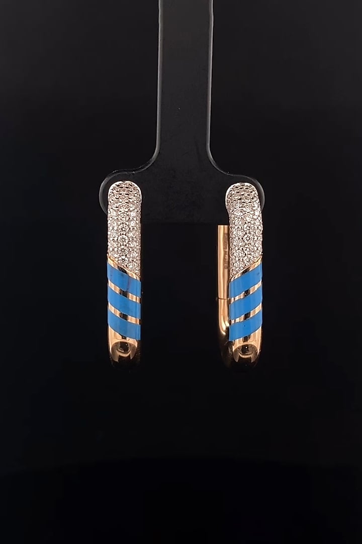 18kt Rose Gold Finish Diamond Turquoise Enameled J-Hoop Earrings by Zewar By Valchandson jewellers at Pernia's Pop Up Shop