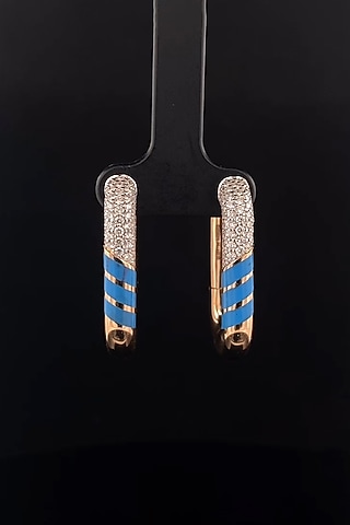 18kt Rose Gold Finish Diamond Turquoise Enameled J-Hoop Earrings by Zewar By Valchandson jewellers