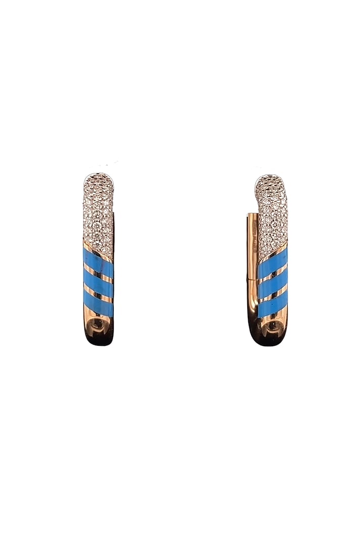 18kt Rose Gold Finish Diamond Turquoise Enameled J-Hoop Earrings by Zewar By Valchandson jewellers at Pernia's Pop Up Shop