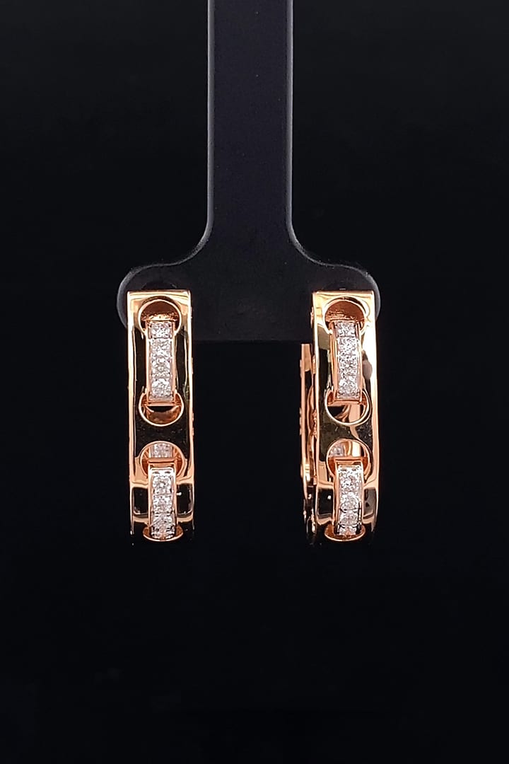 18kt Rose Gold Finish Diamond Huggie Hoop Earrings by Zewar By Valchandson jewellers at Pernia's Pop Up Shop