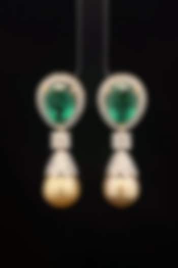 18kt Yellow Gold Finish Diamond & Emerald Stone Dangler Earrings by Zewar By Valchandson jewellers at Pernia's Pop Up Shop