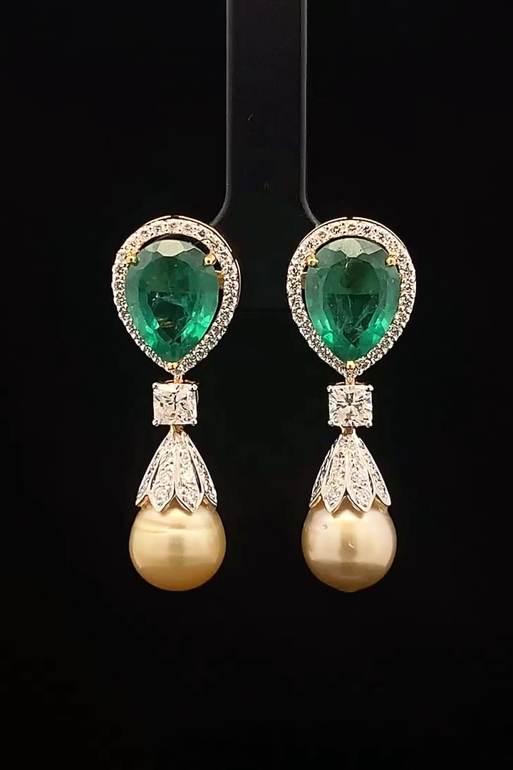 18kt Yellow Gold Finish Diamond & Emerald Stone Dangler Earrings by Zewar By Valchandson jewellers at Pernia's Pop Up Shop