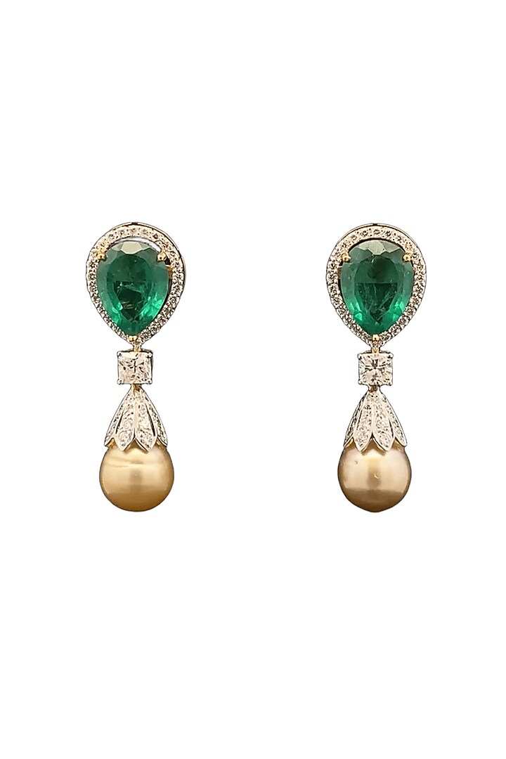 18kt Yellow Gold Finish Diamond & Emerald Stone Dangler Earrings by Zewar By Valchandson jewellers at Pernia's Pop Up Shop
