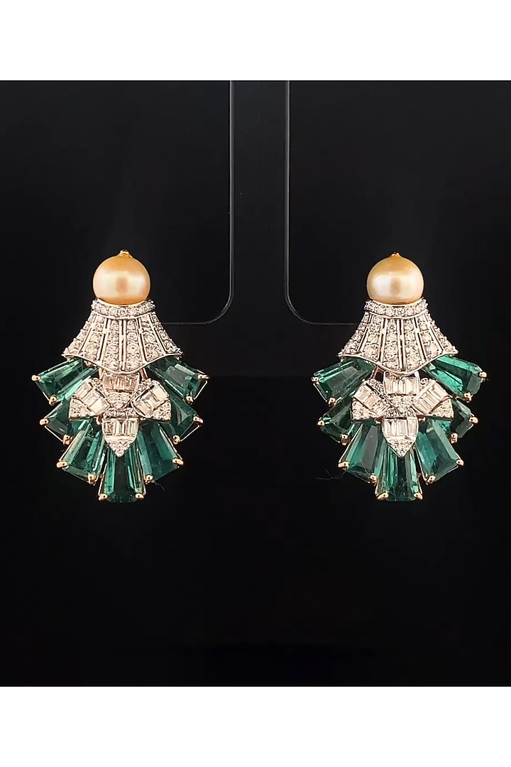 18kt Two-Tone Finish Emerald & Diamond Stud Earrings by Zewar By Valchandson jewellers at Pernia's Pop Up Shop
