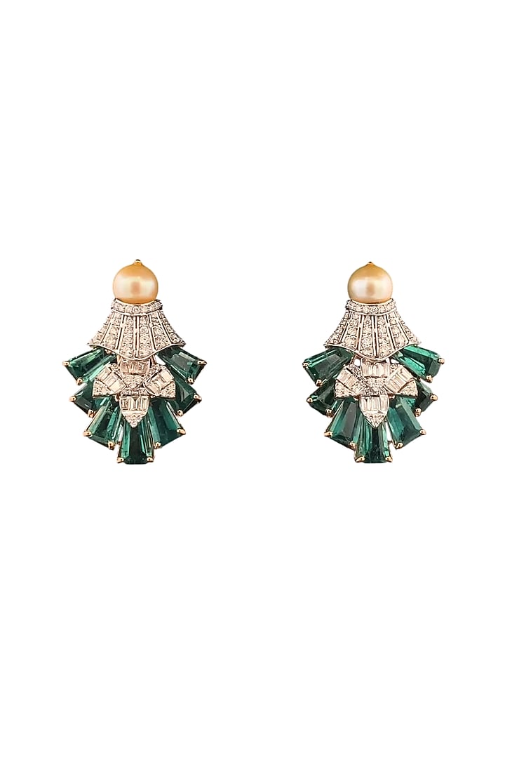 18kt Two-Tone Finish Emerald & Diamond Stud Earrings by Zewar By Valchandson jewellers at Pernia's Pop Up Shop