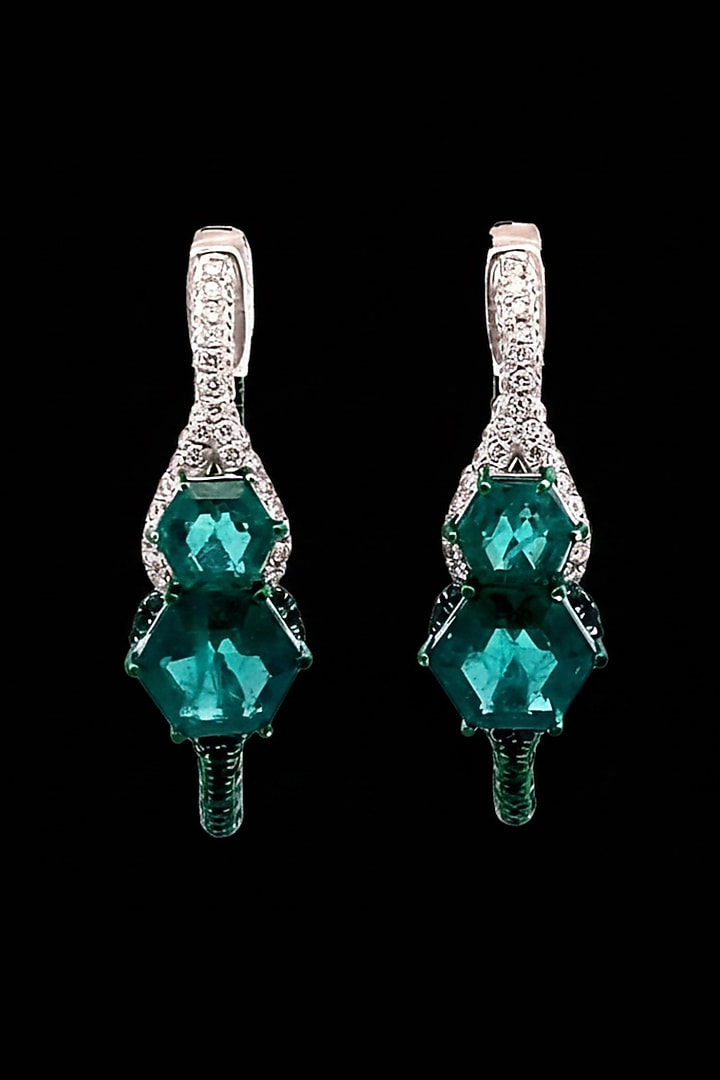 18kt White Gold Finish Diamond & Emerald Hoop Earrings by Zewar By Valchandson jewellers at Pernia's Pop Up Shop