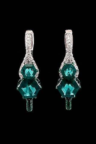 18kt White Gold Finish Diamond & Emerald Hoop Earrings by Zewar By Valchandson jewellers