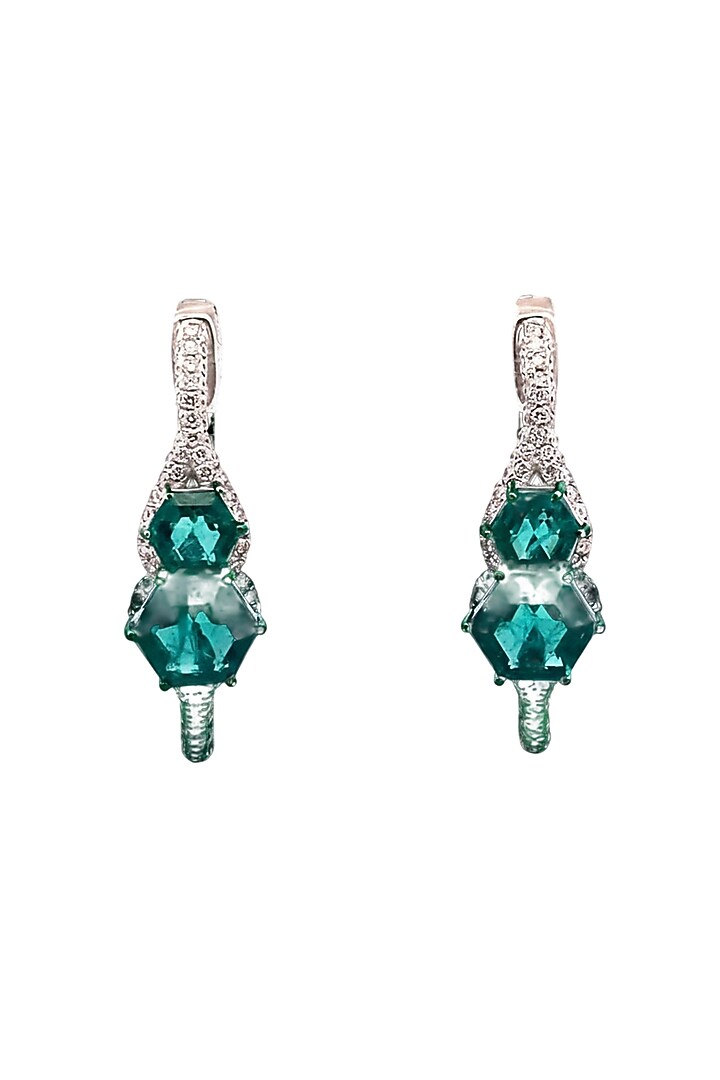 18kt White Gold Finish Diamond & Emerald Hoop Earrings by Zewar By Valchandson jewellers at Pernia's Pop Up Shop