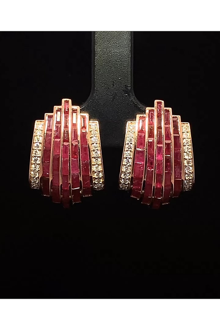 14kt Rose Gold Finish Diamond & Ruby Fan-Shaped Hoop Earrings by Zewar By Valchandson jewellers at Pernia's Pop Up Shop