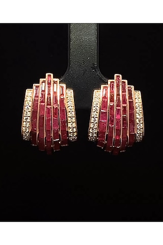 14kt Rose Gold Finish Diamond & Ruby Fan-Shaped Hoop Earrings by Zewar By Valchandson jewellers