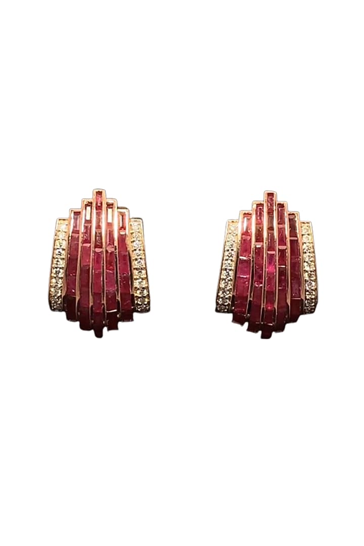 14kt Rose Gold Finish Diamond & Ruby Fan-Shaped Hoop Earrings by Zewar By Valchandson jewellers at Pernia's Pop Up Shop