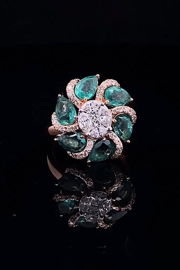 18kt Rose Gold Finish Emerald Stone & Diamond Floral Ring by Zewar By Valchandson jewellers at Pernia's Pop Up Shop