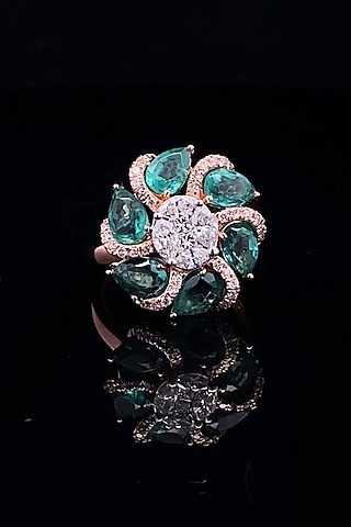 18kt Rose Gold Finish Emerald Stone & Diamond Floral Ring by Zewar By Valchandson jewellers