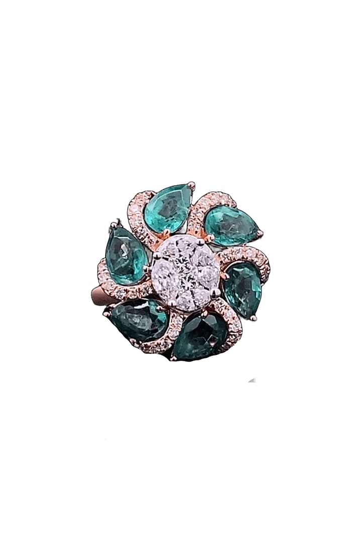 18kt Rose Gold Finish Emerald Stone & Diamond Floral Ring by Zewar By Valchandson jewellers at Pernia's Pop Up Shop