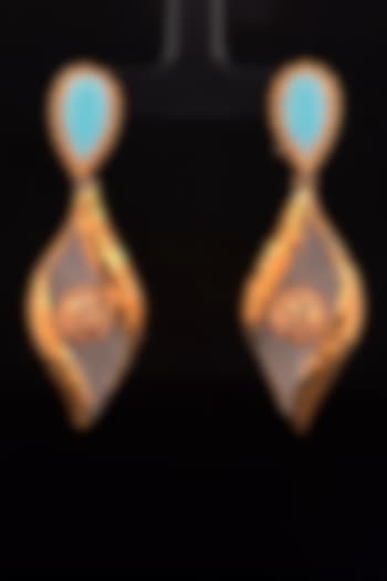 18kt Two Tone Finish Turquoise Mesh-Leaf Drop Earrings by Zewar By Valchandson jewellers at Pernia's Pop Up Shop