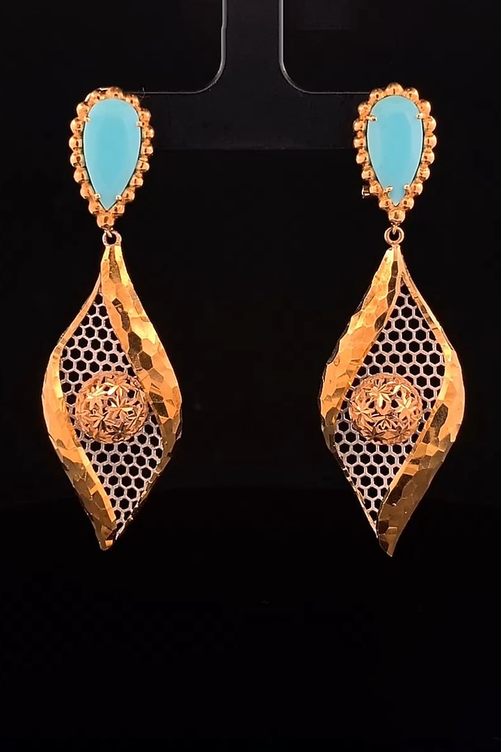 18kt Two Tone Finish Turquoise Mesh-Leaf Drop Earrings by Zewar By Valchandson jewellers at Pernia's Pop Up Shop