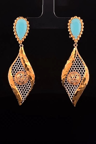 18kt Two Tone Finish Turquoise Mesh-Leaf Drop Earrings by Zewar By Valchandson jewellers