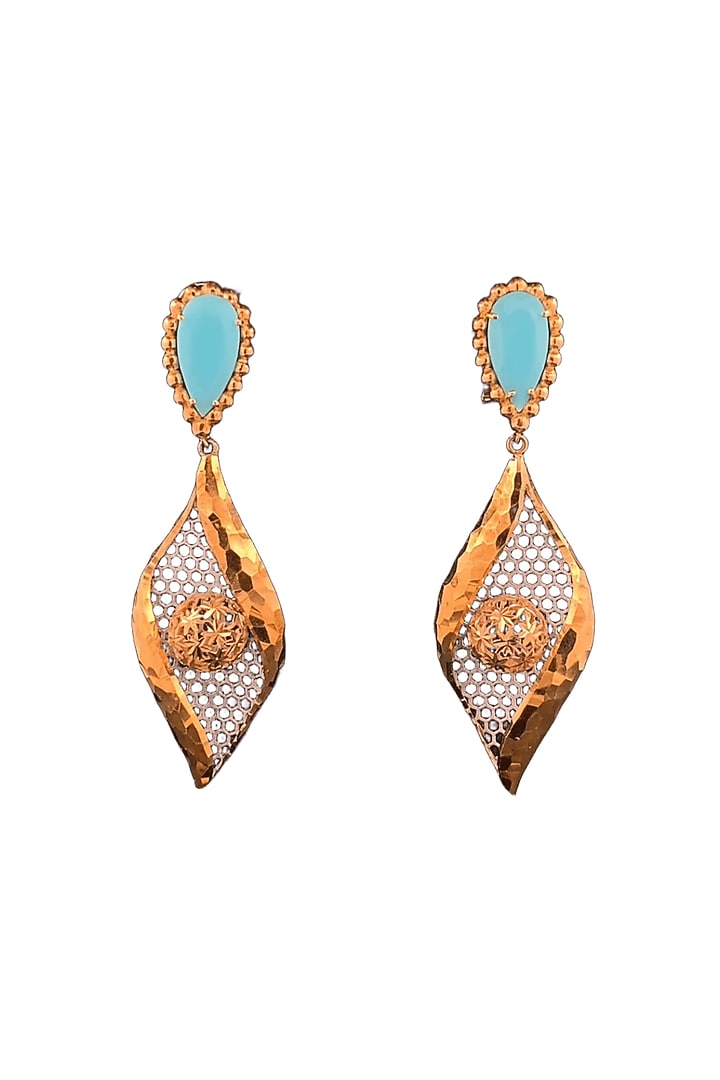 18kt Two Tone Finish Turquoise Mesh-Leaf Drop Earrings by Zewar By Valchandson jewellers at Pernia's Pop Up Shop