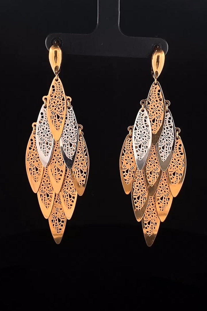 18kt Two Tone Finish Diamond-Shaped Filigree Feather Chandelier Earrings by Zewar By Valchandson jewellers at Pernia's Pop Up Shop