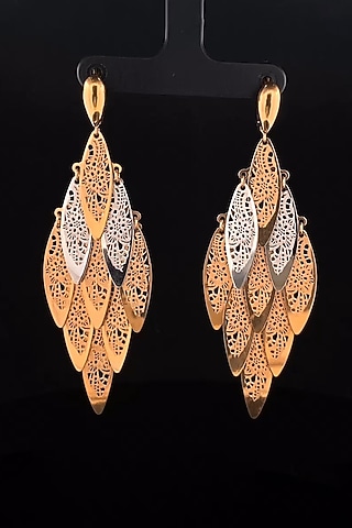18kt Two Tone Finish Diamond-Shaped Filigree Feather Chandelier Earrings by Zewar By Valchandson jewellers