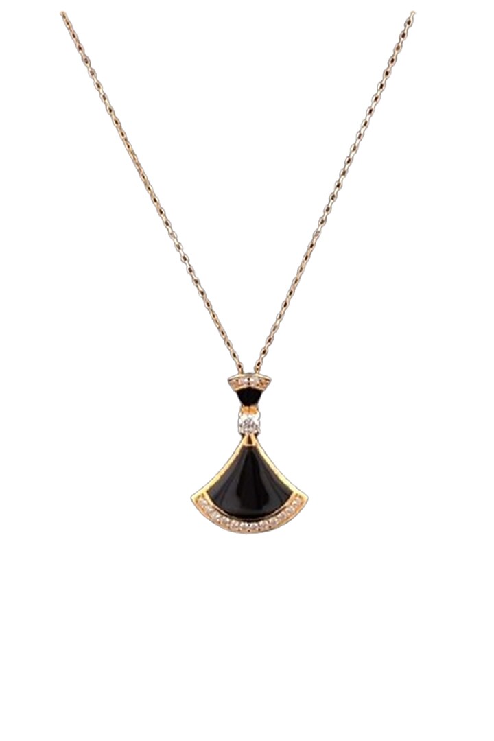 18kt Rose Gold Finish Black Onyx Fan-Shaped Pendant by Zewar By Valchandson jewellers at Pernia's Pop Up Shop