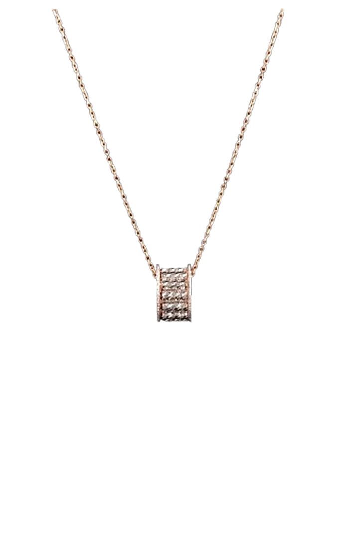 18kt Rose Gold Finish Diamond Pave Barrel Pendant Necklace by Zewar By Valchandson jewellers at Pernia's Pop Up Shop
