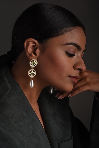Gold Plated Green Swarovski Dangler Earrings In Brass by Zeeya Contemporary